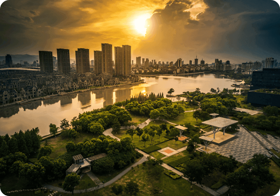 City skyline at sunset