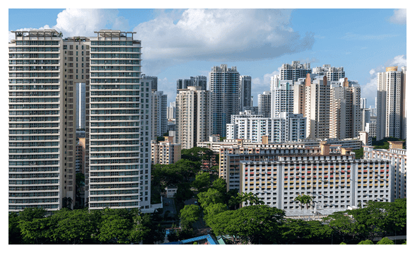 City skyline with towers at golden hour