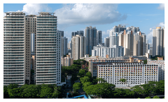City skyline with towers at golden hour